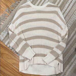 OAK + FORT Cream and Taupe Striped Crewneck Sweater